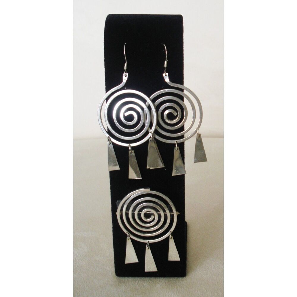 Mexican Alpaca Earrings and Pin Brooch Round Spiral and Triangles 3 PC Set